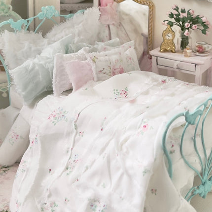 Chantallena Doll House Dressed 1:12 Scale Bed |Robin Egg Blue Metal Bed with Petite Shabby Floral Bedspread| Ribboned Romance