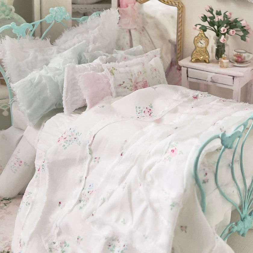 Chantallena Doll House Dressed 1:12 Scale Bed |Robin Egg Blue Metal Bed with Petite Shabby Floral Bedspread| Ribboned Romance