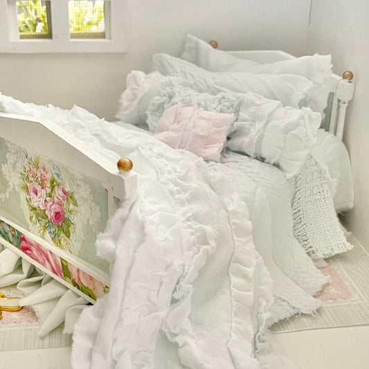 Chantallena Doll House Dressed 1:12 Scale Bed | White Decoupage Bed with Aqua Cotton Bedding Set | Skye