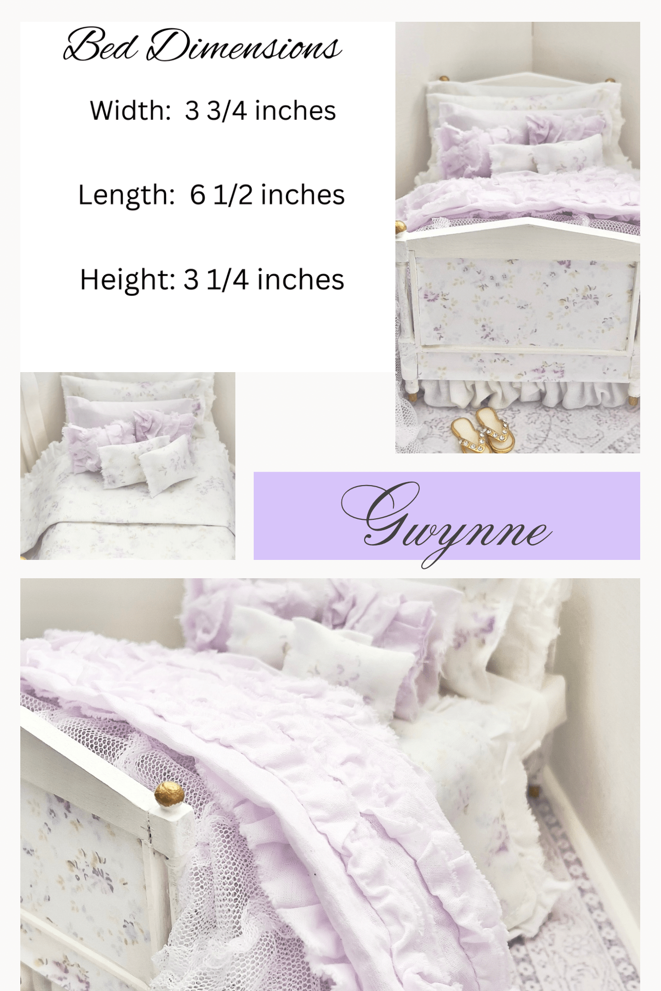 Chantallena Doll House Dressed 1:12 Scale Bed | White Decoupage Bed with Lavender Cotton Bedding Set | Gwynne