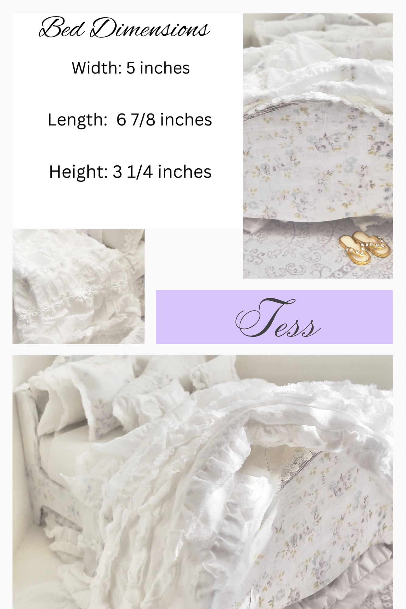 Chantallena Doll House Dressed 1:12 Scale Bed | White Decoupage Bed with White Cotton Bedding Set | Tess