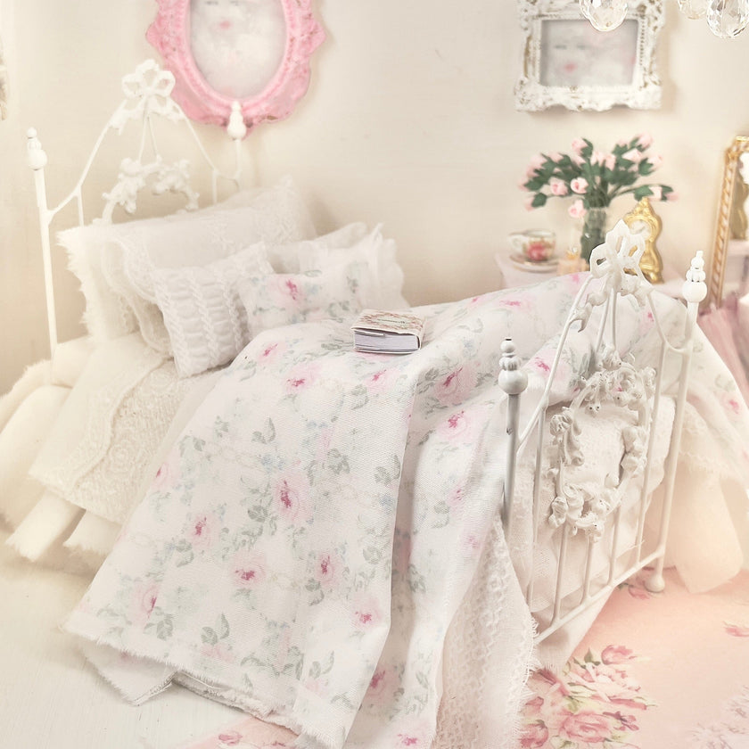 Chantallena Doll House Dressed 1:12 Scale Bed | White Embroidered Cotton with Blue and Pink Shabby |Embroidered Rose