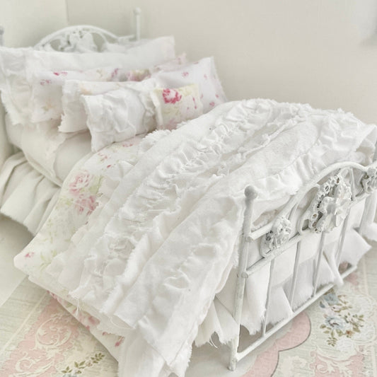 Chantallena Doll House Dressed 1:12 Scale Bed | White Metal Bed with White Cotton Bedding Set |Fay