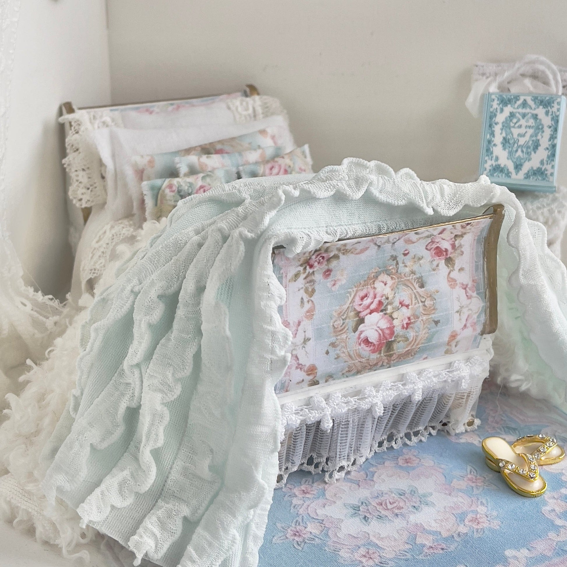 Chantallena Doll House Dressed Bed  | Blue Ballet Decoupage Sleigh Bed