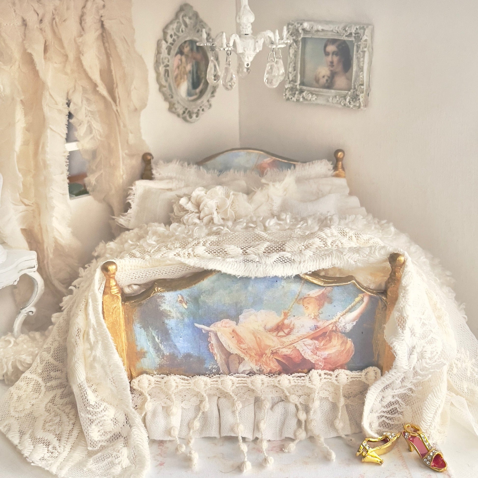 Chantallena Doll House Dressed Bed |  Ivory Linen with Ruffles and Lace Throw | Capri