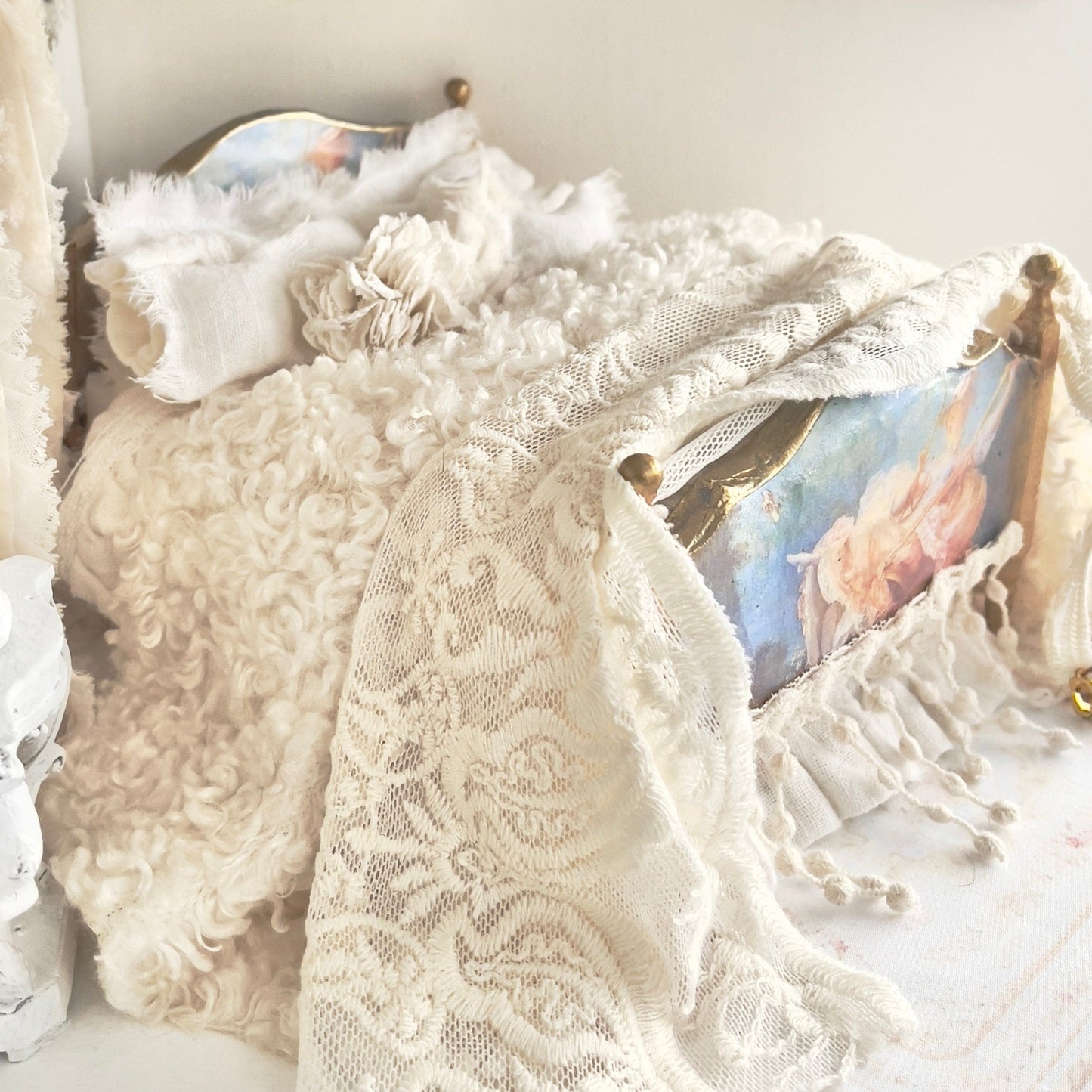 Chantallena Doll House Dressed Bed |  Ivory Linen with Ruffles and Lace Throw | Capri