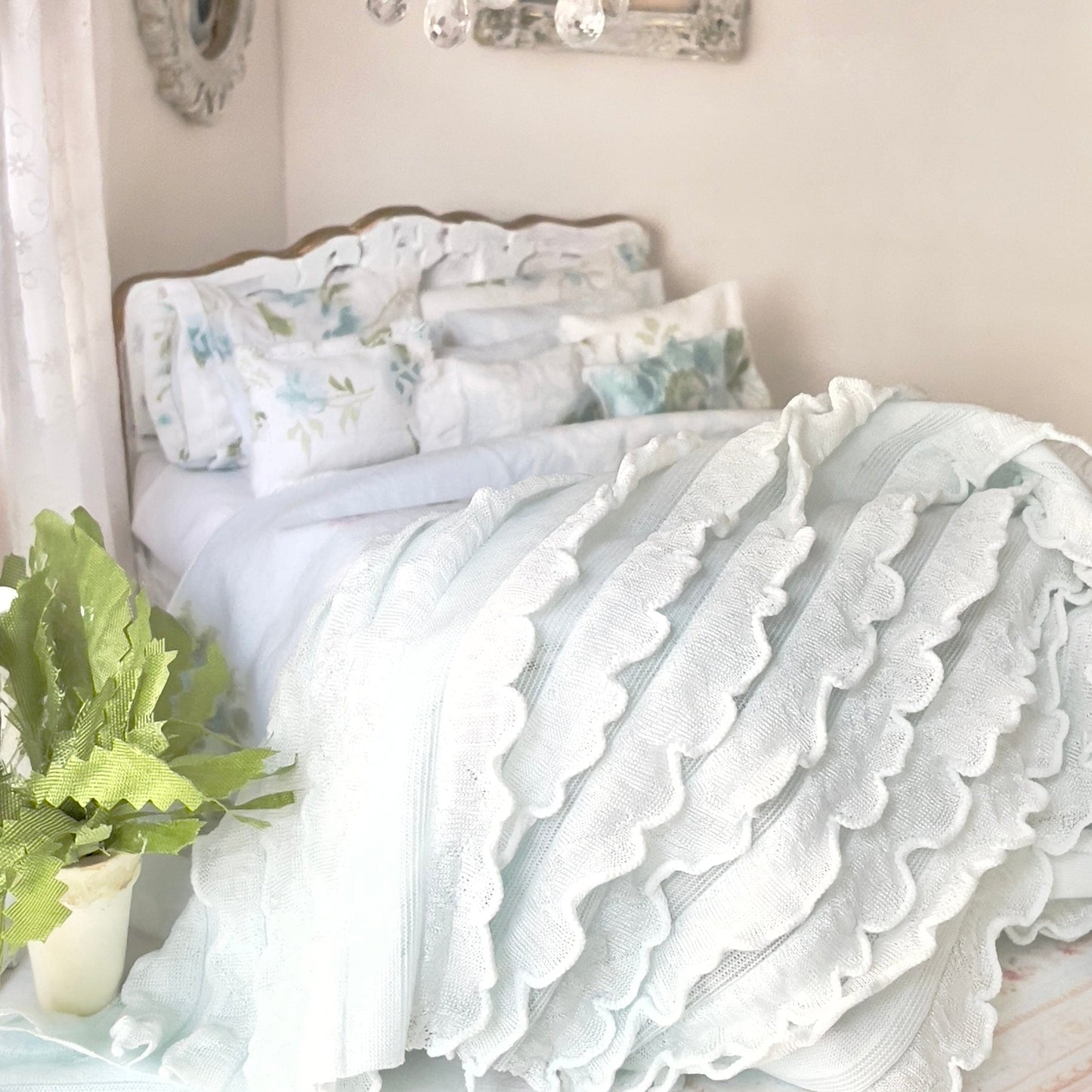 Chantallena Doll House Dressed Bed |  White and Blue Shabby Cotton with Pale Blue Ruffled Throw | Ayla