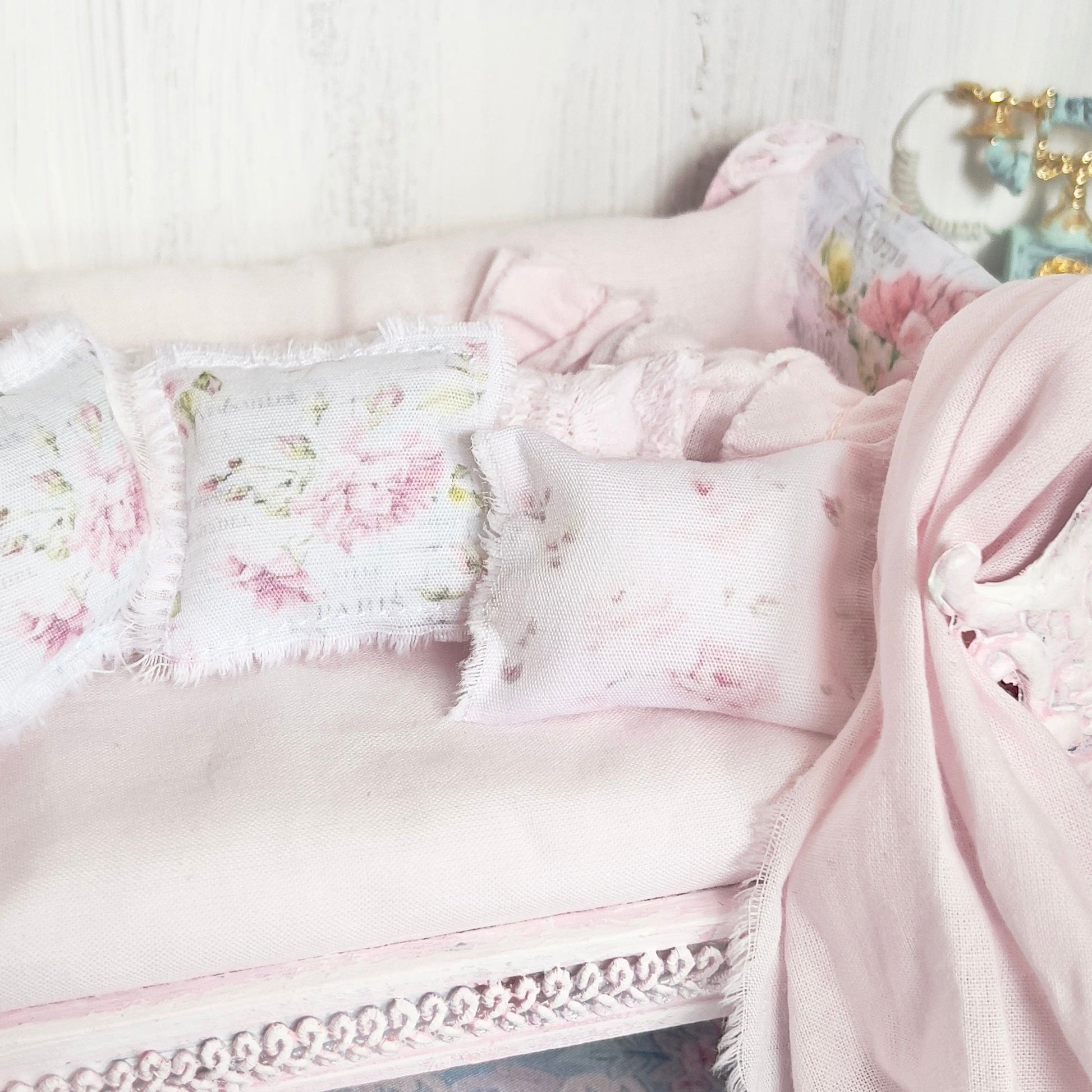 Chantallena Doll House Dressed Day Bed Bedding|Shabby Blue Floral and Striped Cotton 1:12 Scale Dollhouse Set  | Rose Daydreams