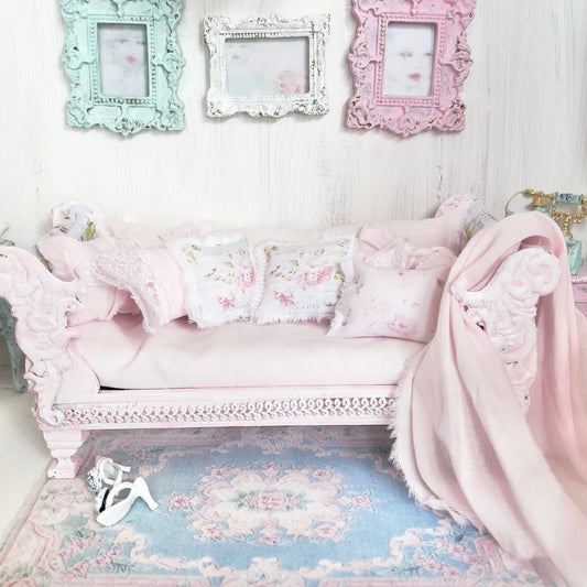 Chantallena Doll House Dressed Day Bed Bedding|Shabby Blue Floral and Striped Cotton 1:12 Scale Dollhouse Set  | Rose Daydreams