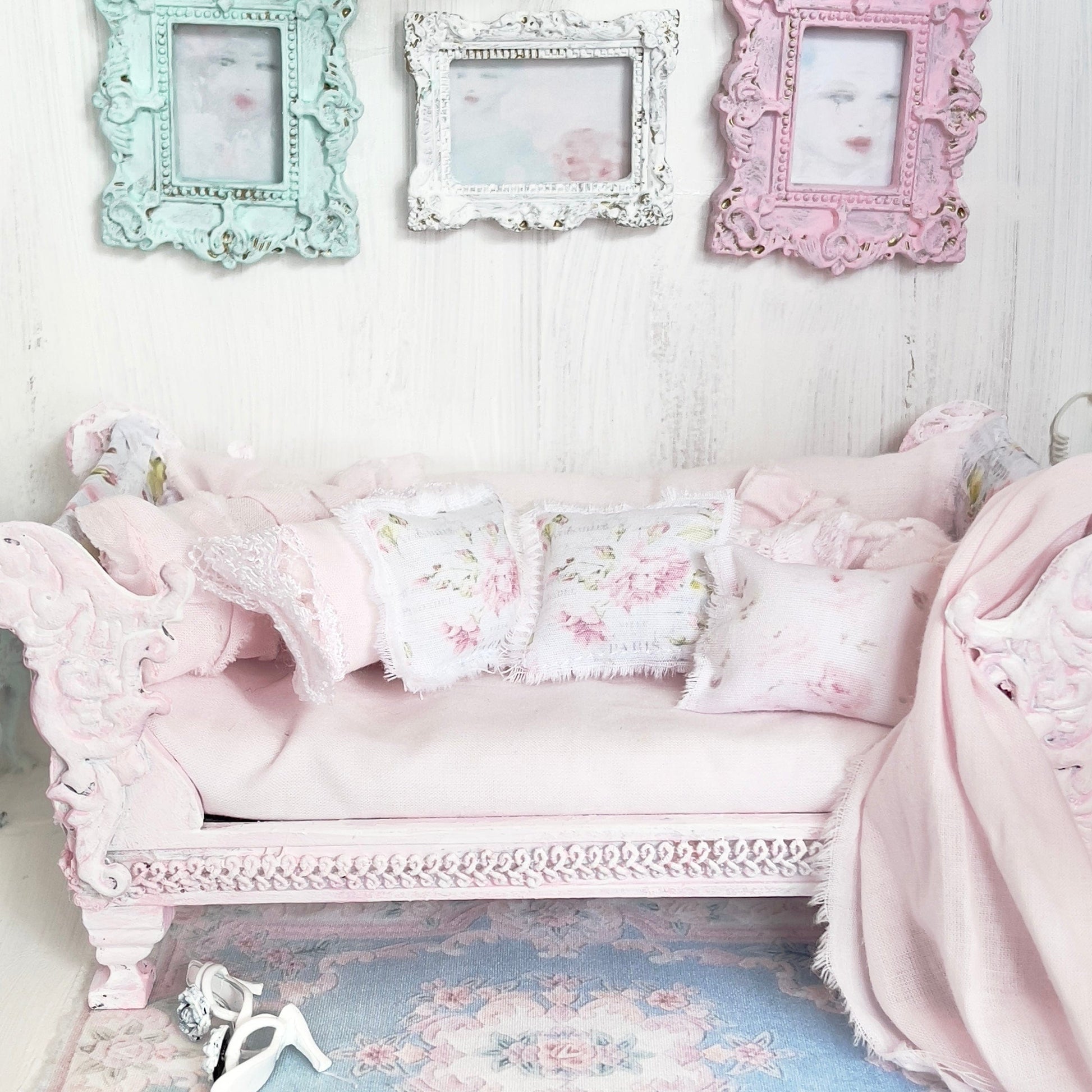 Chantallena Doll House Dressed Day Bed Bedding|Shabby Blue Floral and Striped Cotton 1:12 Scale Dollhouse Set  | Rose Daydreams