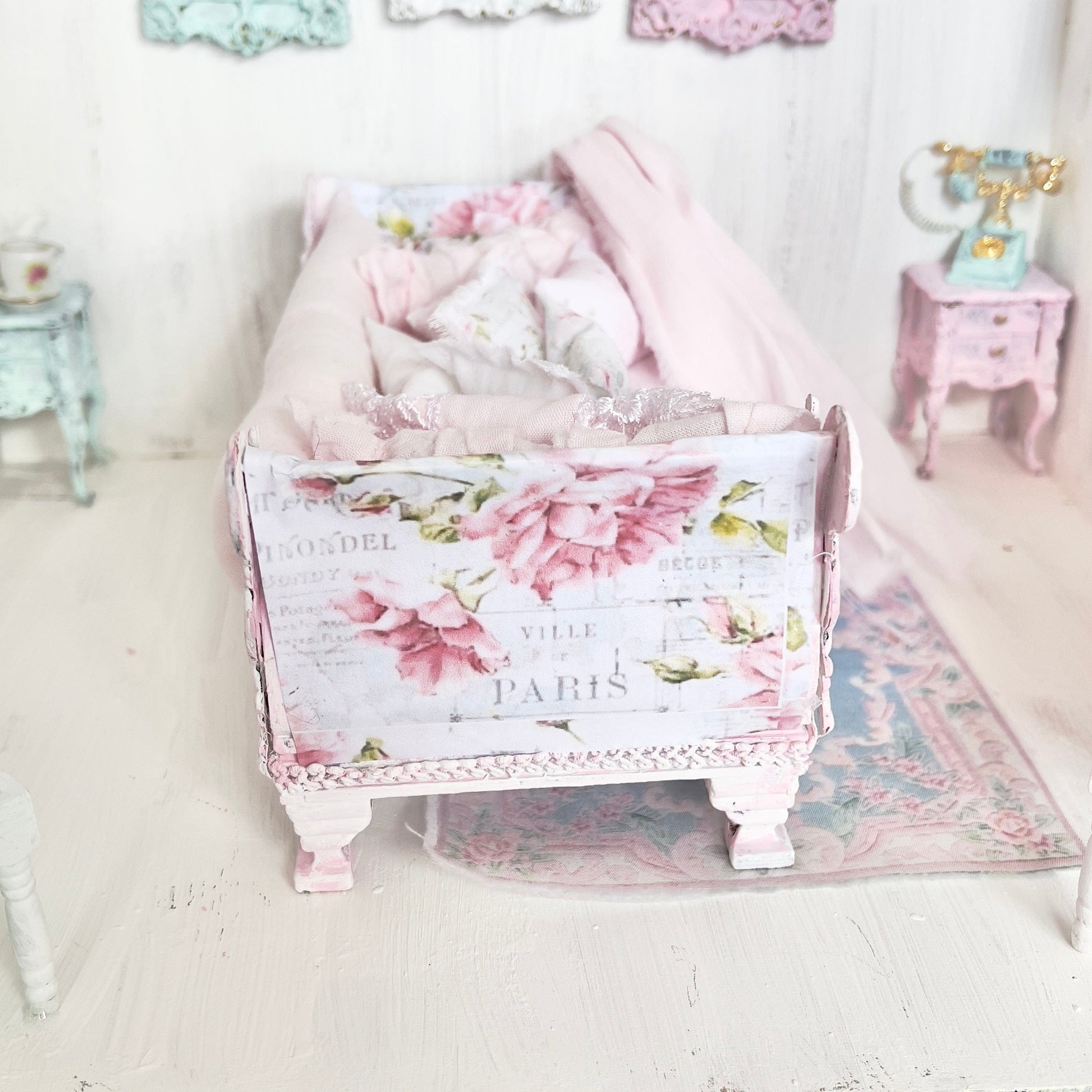 Chantallena Doll House Dressed Day Bed Bedding|Shabby Blue Floral and Striped Cotton 1:12 Scale Dollhouse Set  | Rose Daydreams