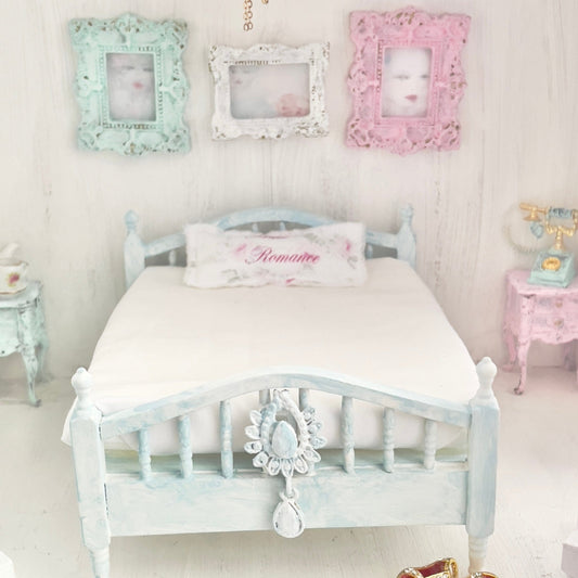Chantallena Doll House Faded Blue Painted Wooden Bed-1:12 Scale Double Bed | Bare Romance