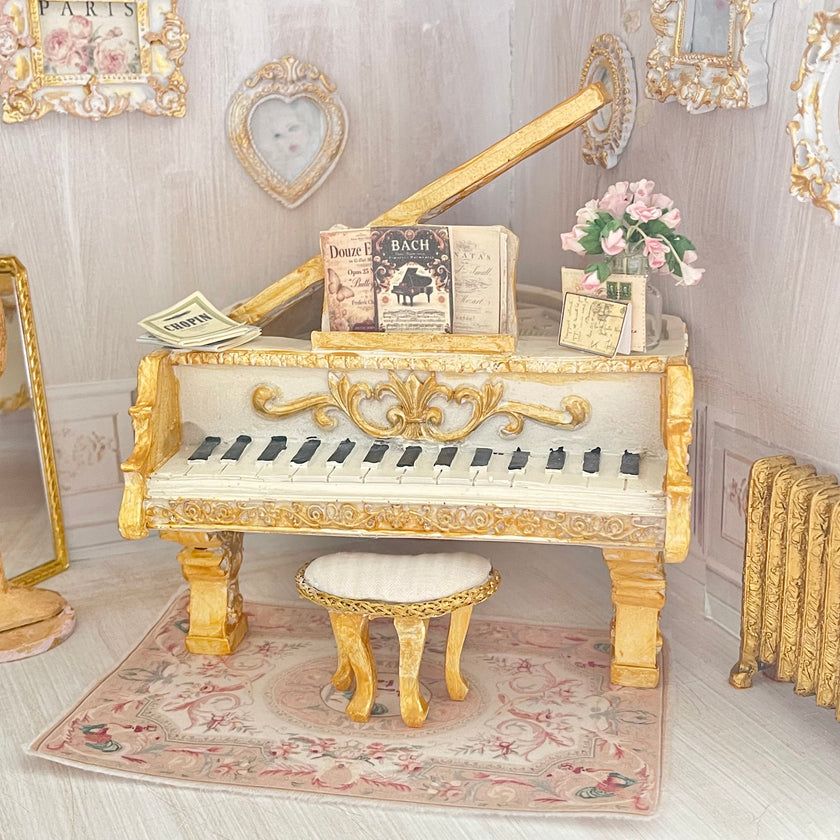 CHANTALLENA DOLL HOUSE Grand Piano with Gold Accents 1:12 Scale | Letters from Paris | Chantallena