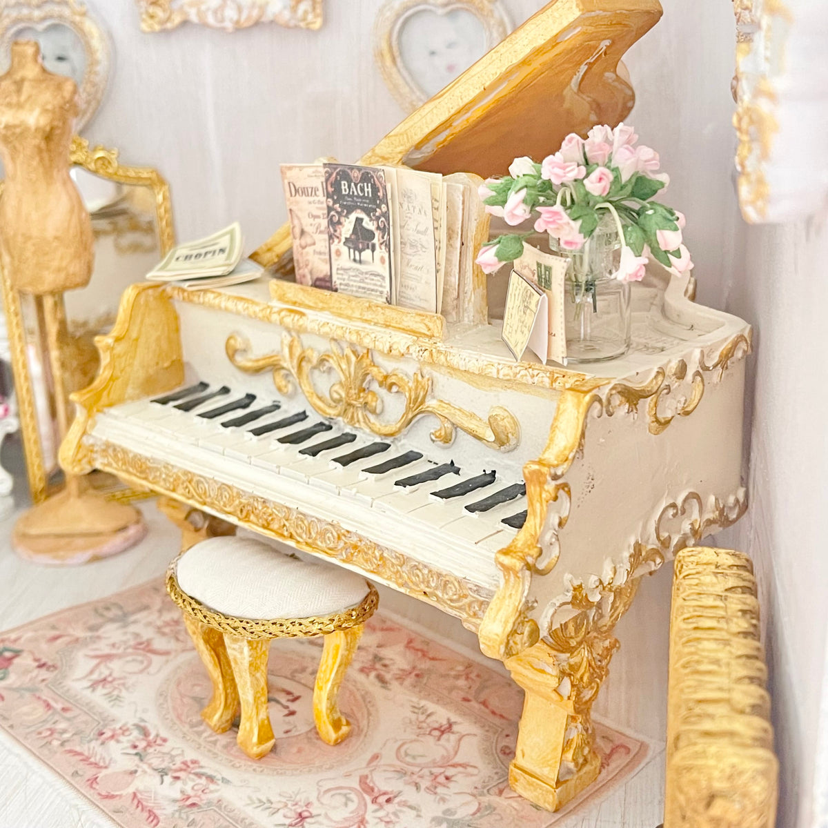 CHANTALLENA DOLL HOUSE Grand Piano with Gold Accents 1:12 Scale | Letters from Paris | Chantallena