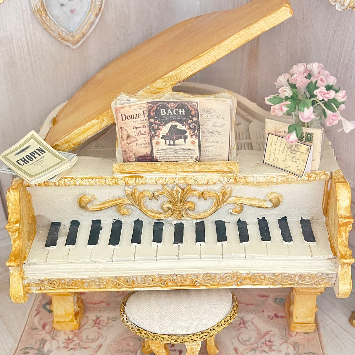 CHANTALLENA DOLL HOUSE Grand Piano with Gold Accents 1:12 Scale | Letters from Paris | Chantallena