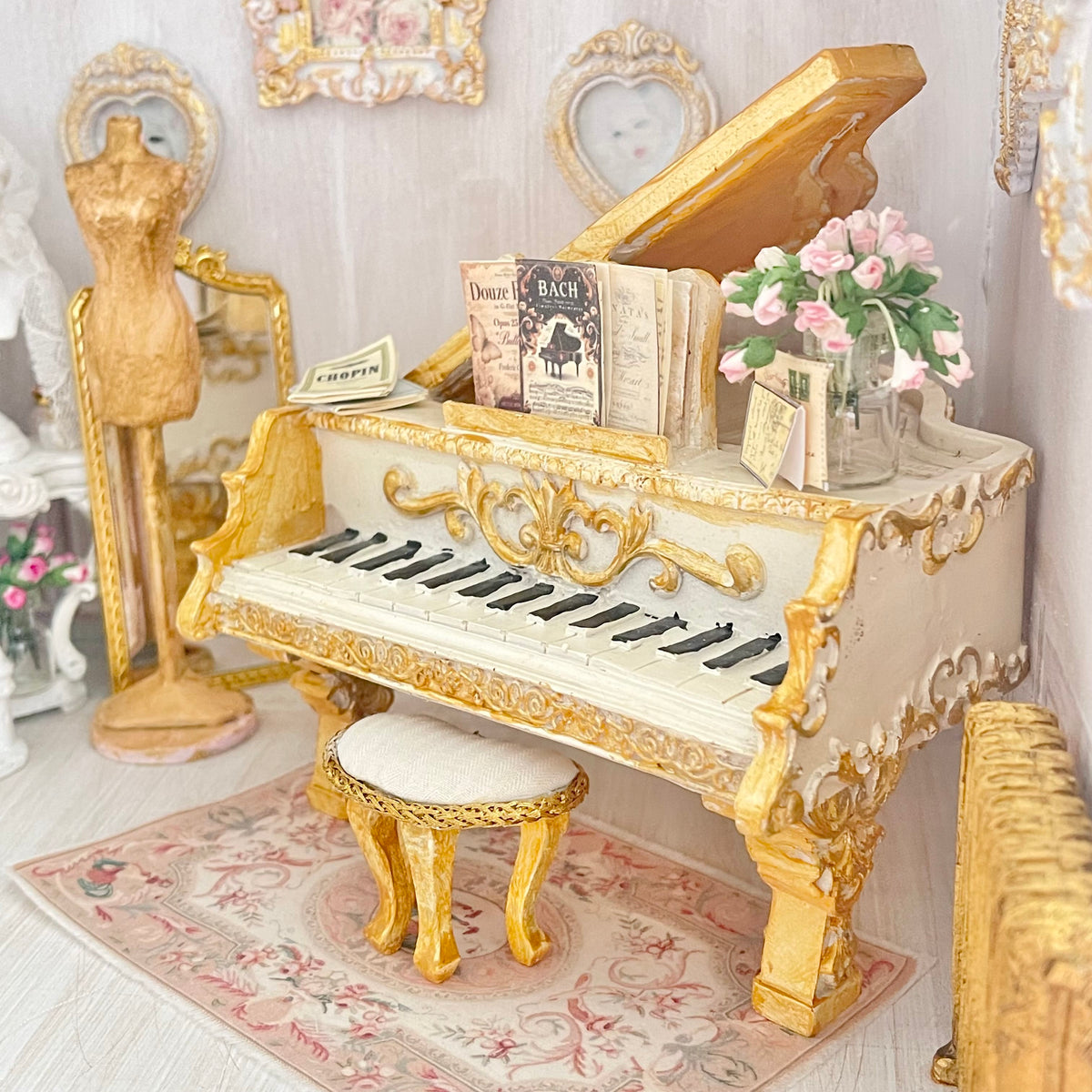 CHANTALLENA DOLL HOUSE Grand Piano with Gold Accents 1:12 Scale | Letters from Paris | Chantallena