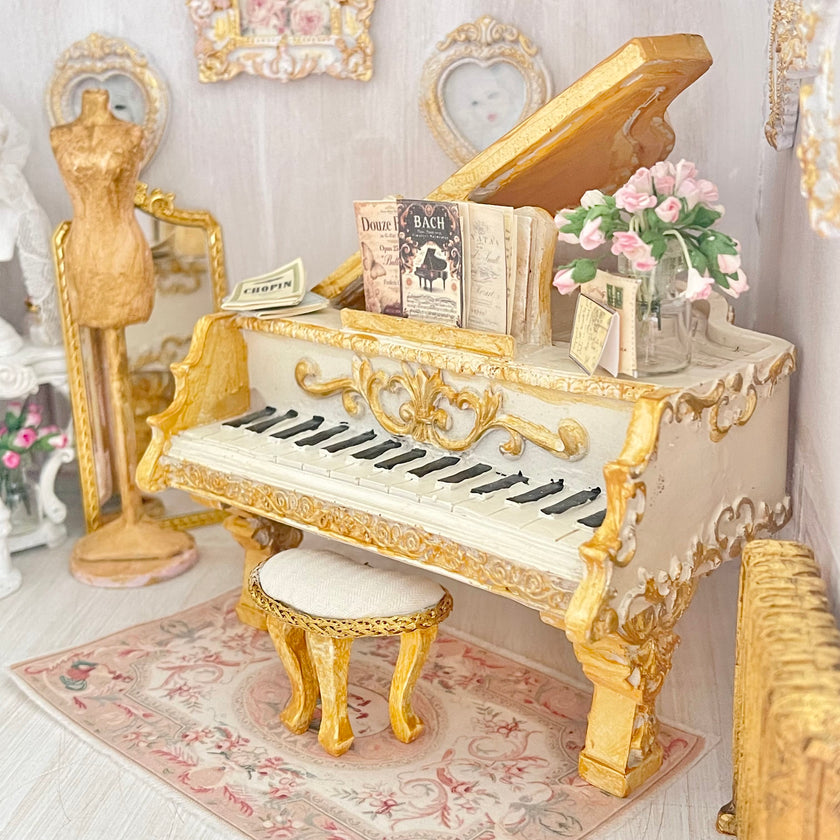 CHANTALLENA DOLL HOUSE Grand Piano with Gold Accents 1:12 Scale | Letters from Paris | Chantallena