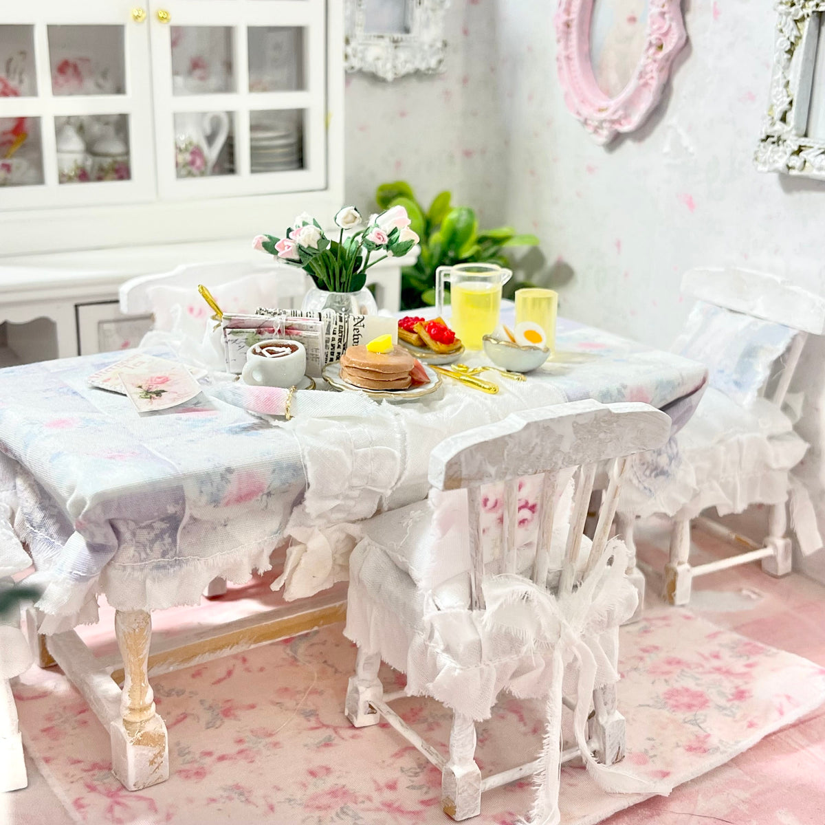 Chantallena Doll House Kitchen set Breakfast Time-Shabby Kitchen Table Set with Accessories