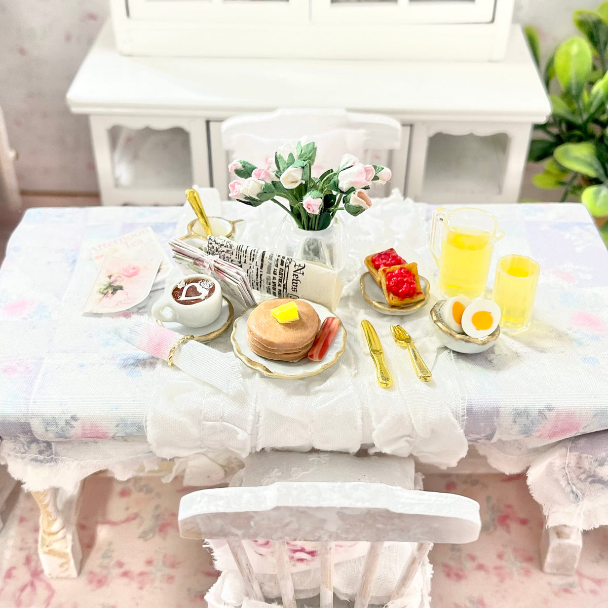 Chantallena Doll House Kitchen set Breakfast Time-Shabby Kitchen Table Set with Accessories