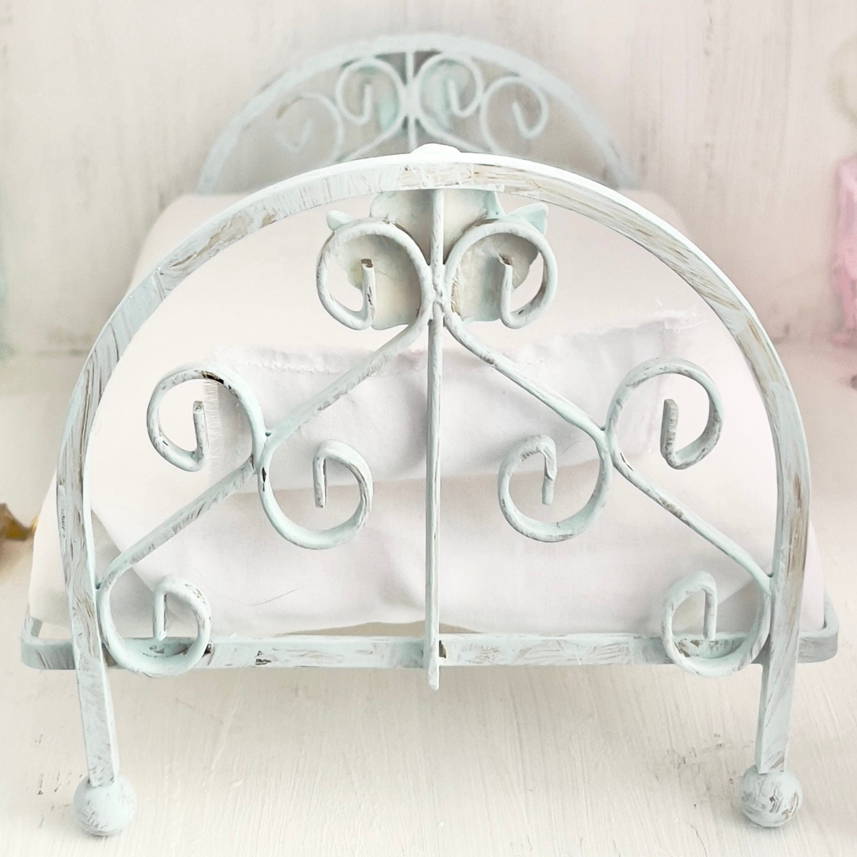 Chantallena Doll House Mint Green Ornate Full Metal Bed with Cherub Accents-1:12 Scale |  Bare Romance