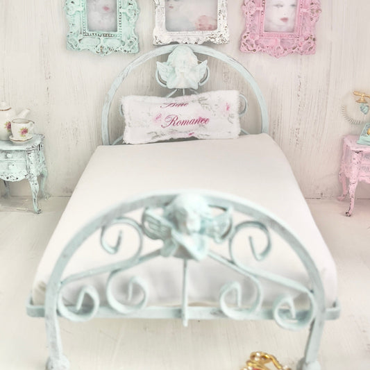 Chantallena Doll House Mint Green Ornate Full Metal Bed with Cherub Accents-1:12 Scale |  Bare Romance