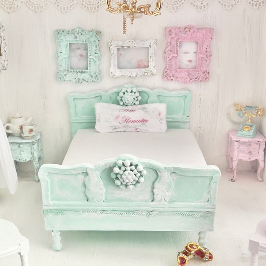 Chantallena Doll House Mint Green Painted Full Bed with Charm Accent - 1:12 Scale |Bare Romance