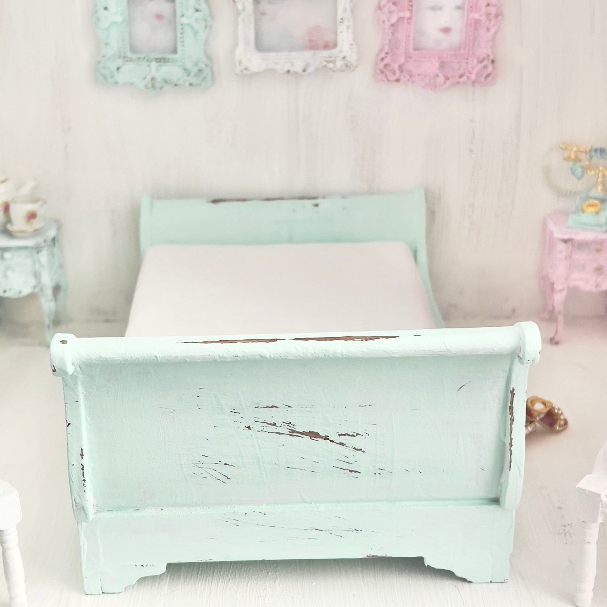 Chantallena Doll House Mint Green Painted Full Sleigh Bed  - 1:12 Scale |Bare Romance