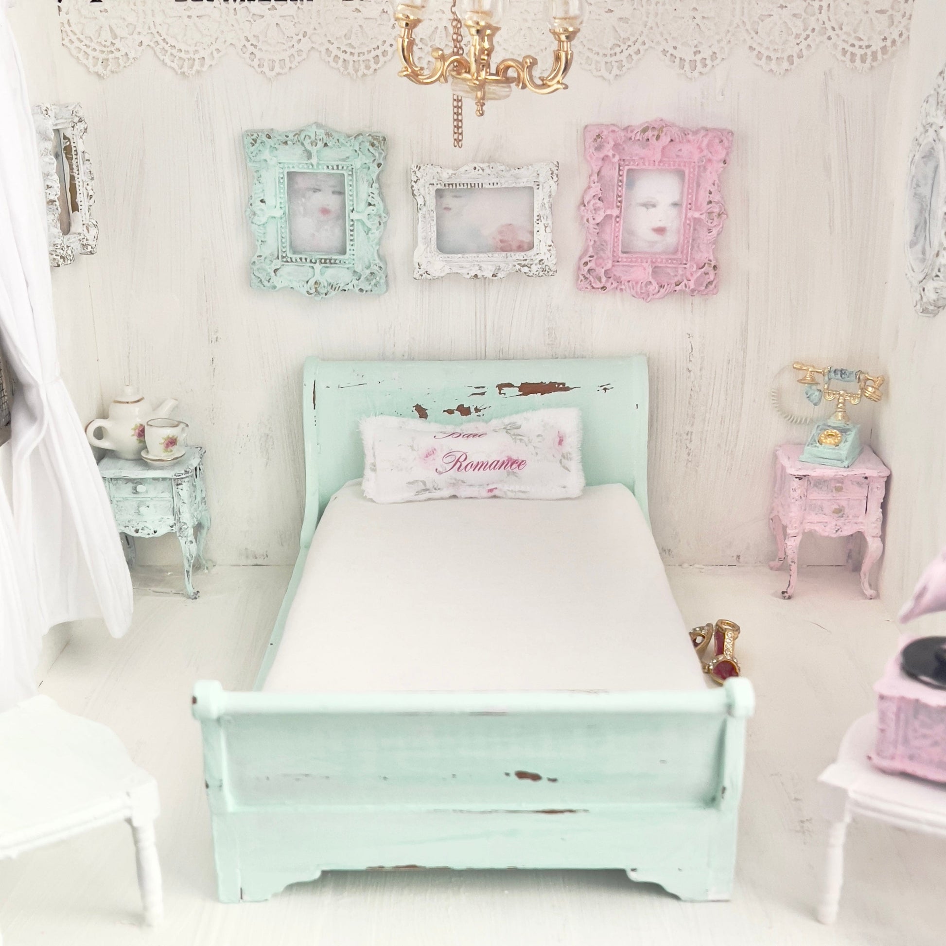 Chantallena Doll House Mint Green Painted Full Sleigh Bed  - 1:12 Scale |Bare Romance