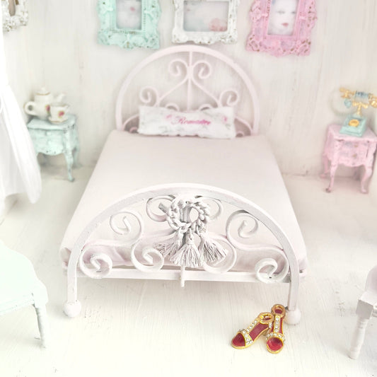 Chantallena Doll House Pink Ornate Metal Full Bed- 1:12 Scale Bed |Bare Romance