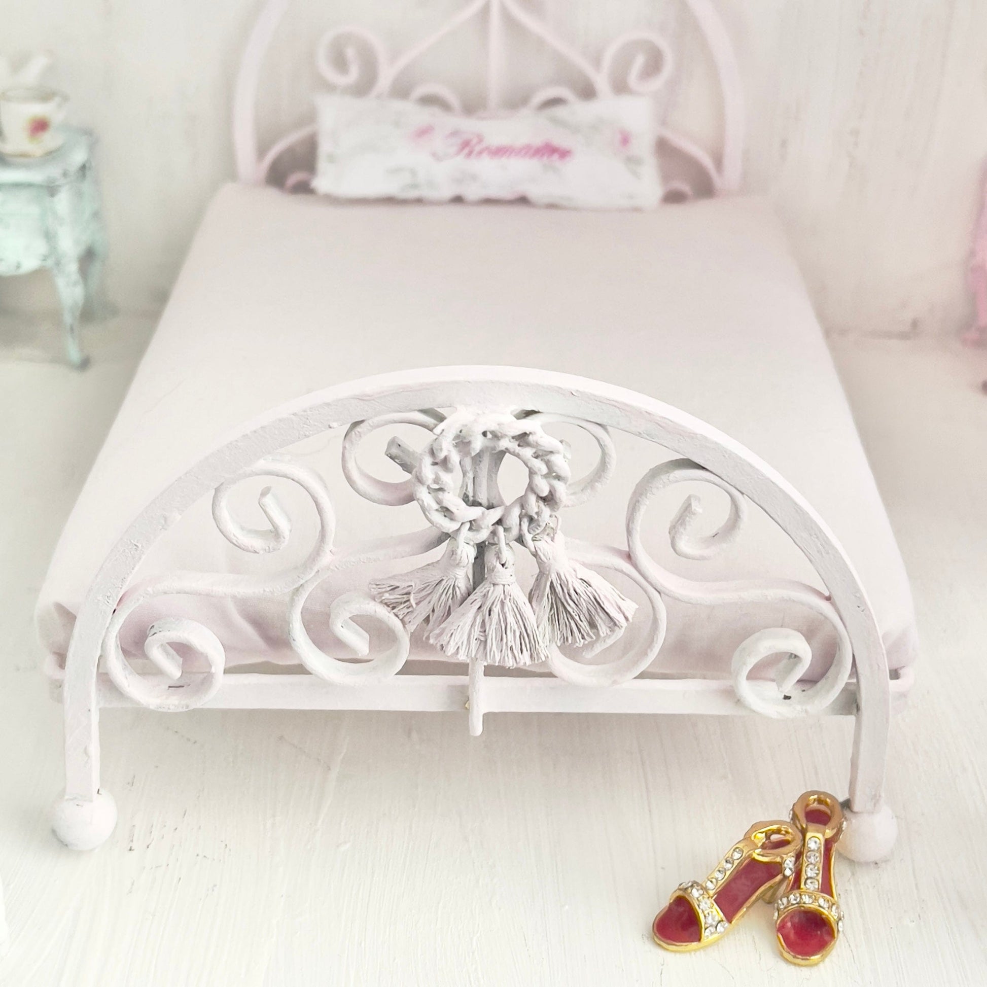 Chantallena Doll House Pink Ornate Metal Full Bed- 1:12 Scale Bed |Bare Romance
