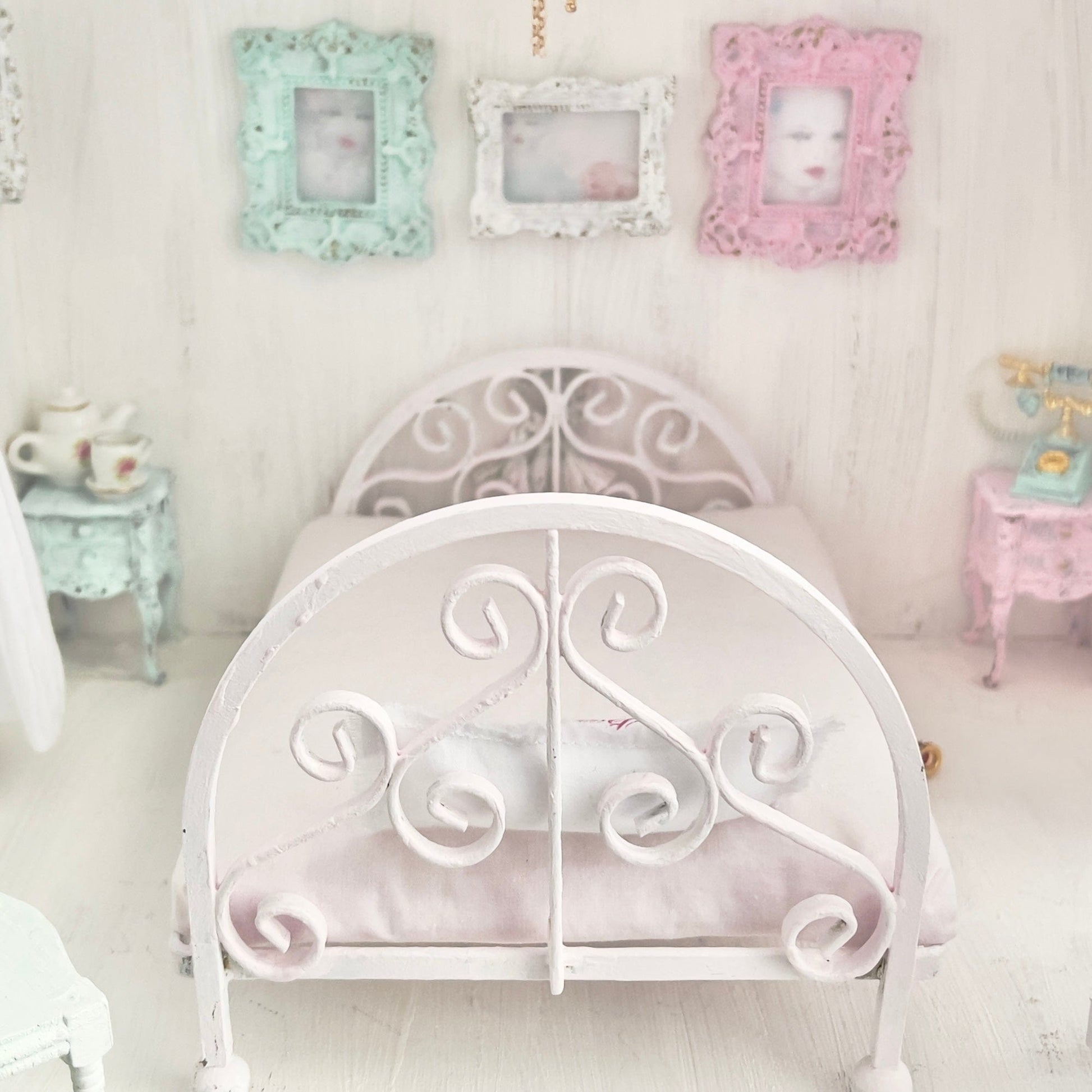Chantallena Doll House Pink Ornate Metal Full Bed- 1:12 Scale Bed |Bare Romance