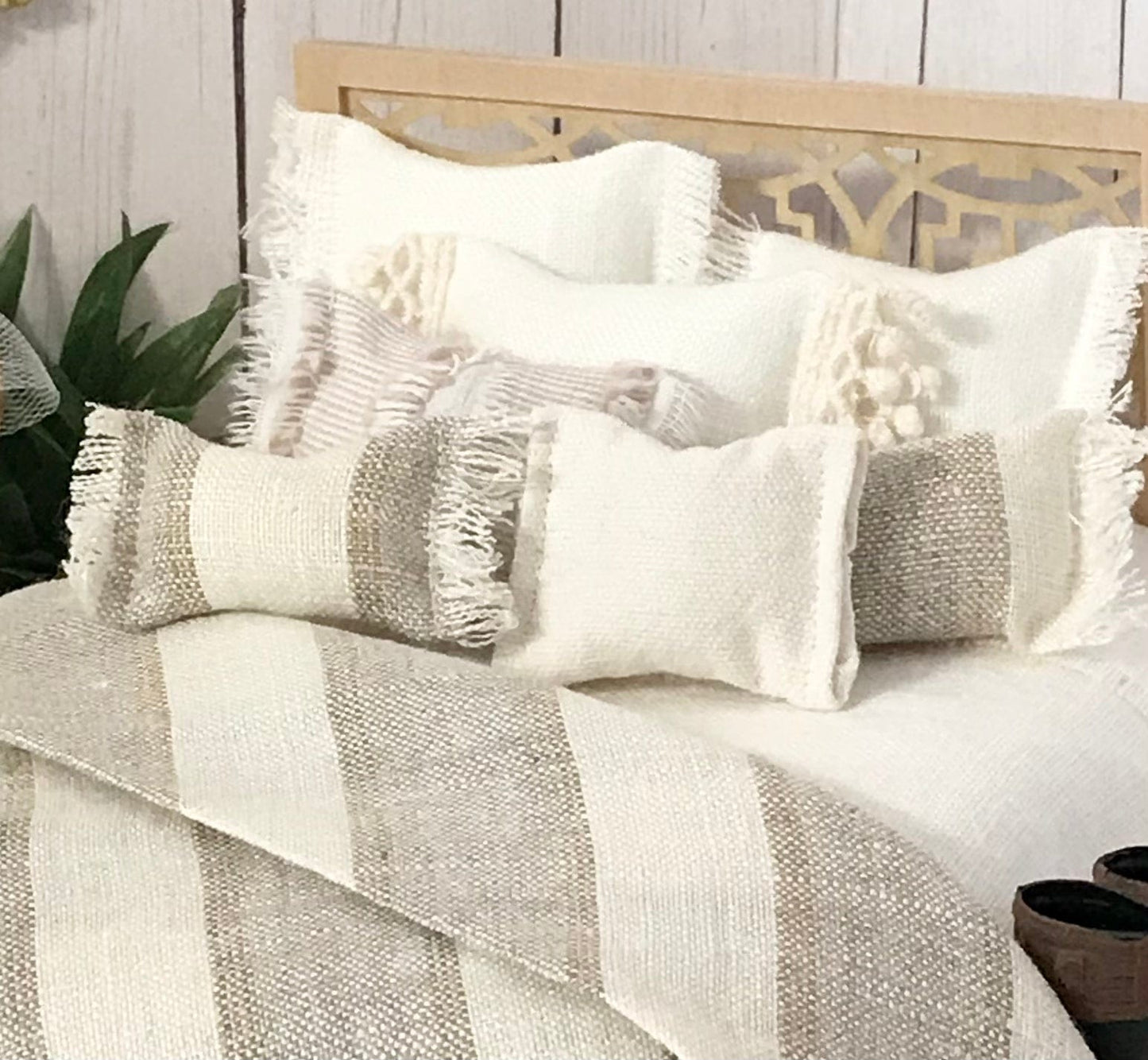 Chantallena Doll House Romantic Wanderlust |  Cream Linen Set with Striped Linen Bedspread with Faux Fur Throw | Bande