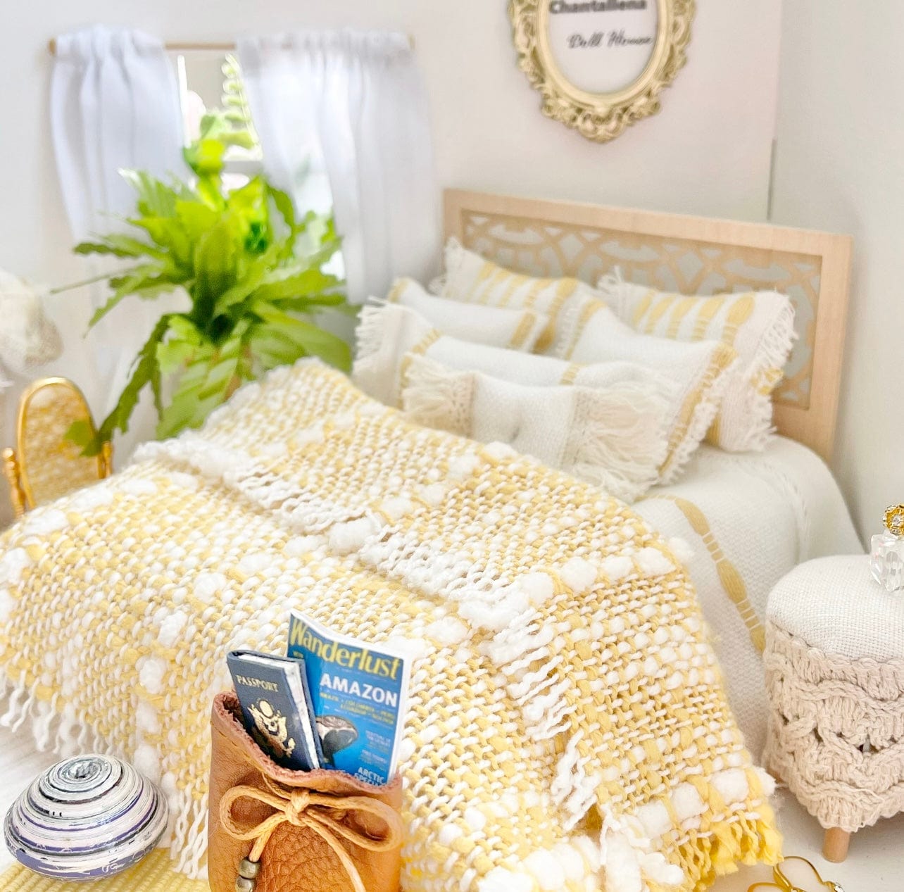 Chantallena Doll House Romantic Wanderlust |  Soft White Cotton Set with Yellow Stripes and Textured Bedspread| Farah