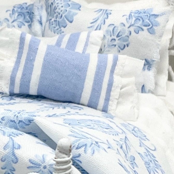 Chantallena Doll House Shabby Cottage |  Ten Piece French Blue Floral Scroll and White Cotton Bedding Set 1:12 Scale | Anais