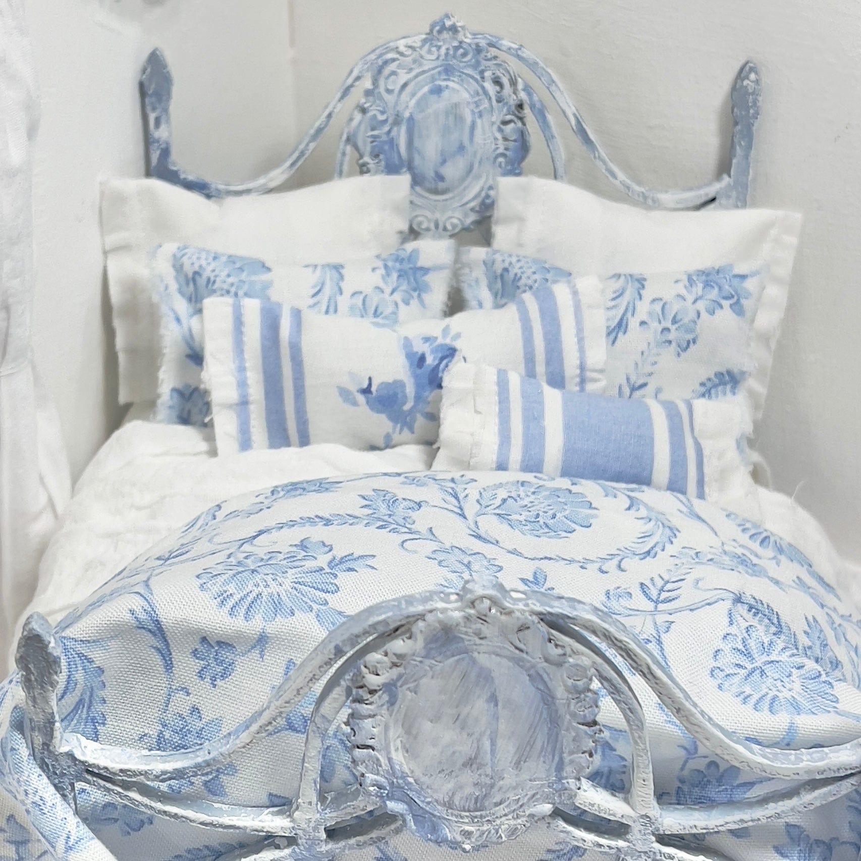 Chantallena Doll House Shabby Cottage |  Ten Piece French Blue Floral Scroll and White Cotton Bedding Set 1:12 Scale | Anais