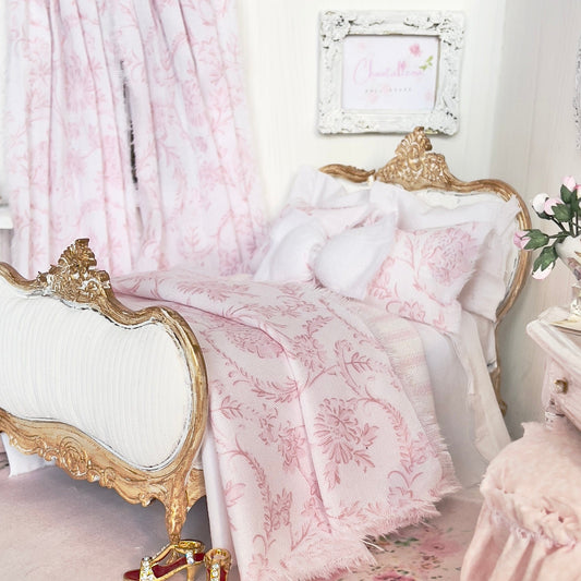 Chantallena Doll House Single Bedding with 2 Panel Curtains Jardin de Toile | Pink Chinoiserie Scroll and White Cotton Bedding Set