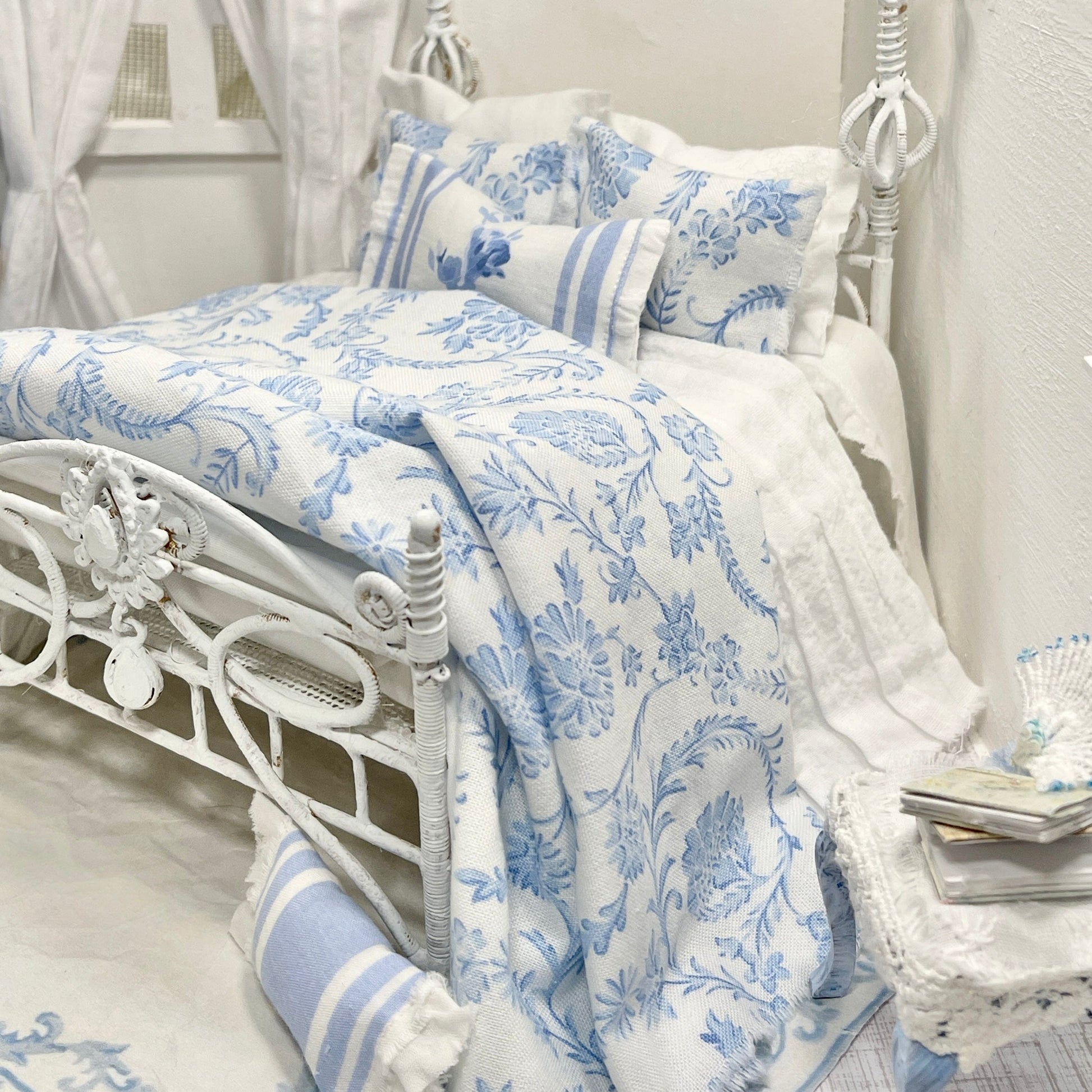 Chantallena Doll House single Shabby Cottage |  Ten Piece French Blue Floral Scroll and White Cotton Bedding Set 1:12 Scale | Anais