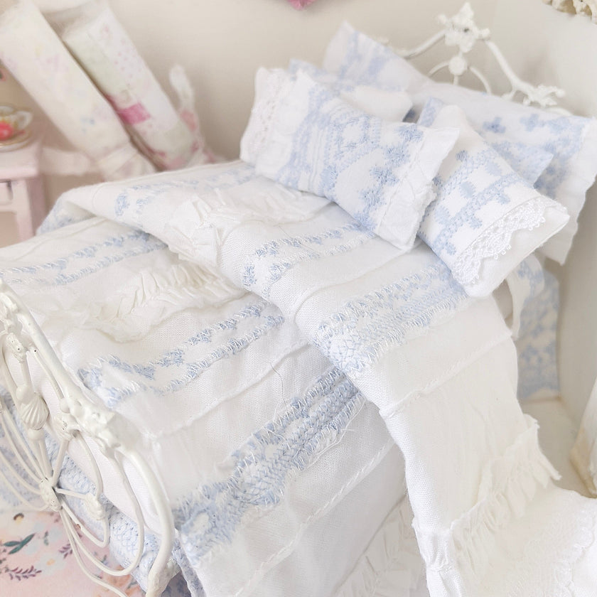 Chantallena Doll House Six whispering petals bed 1:12 Scale Dressed Dollhouse Bed - Blue Memories| Chantallena