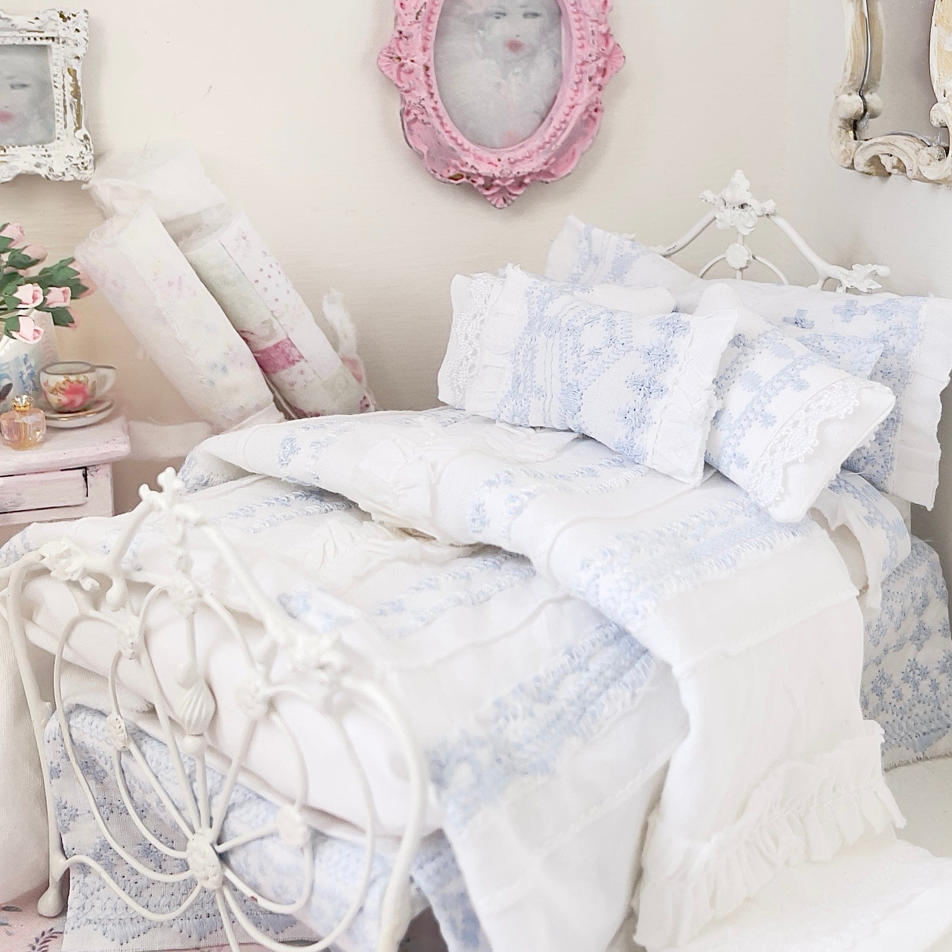 Chantallena Doll House Six whispering petals bed 1:12 Scale Dressed Dollhouse Bed - Blue Memories| Chantallena