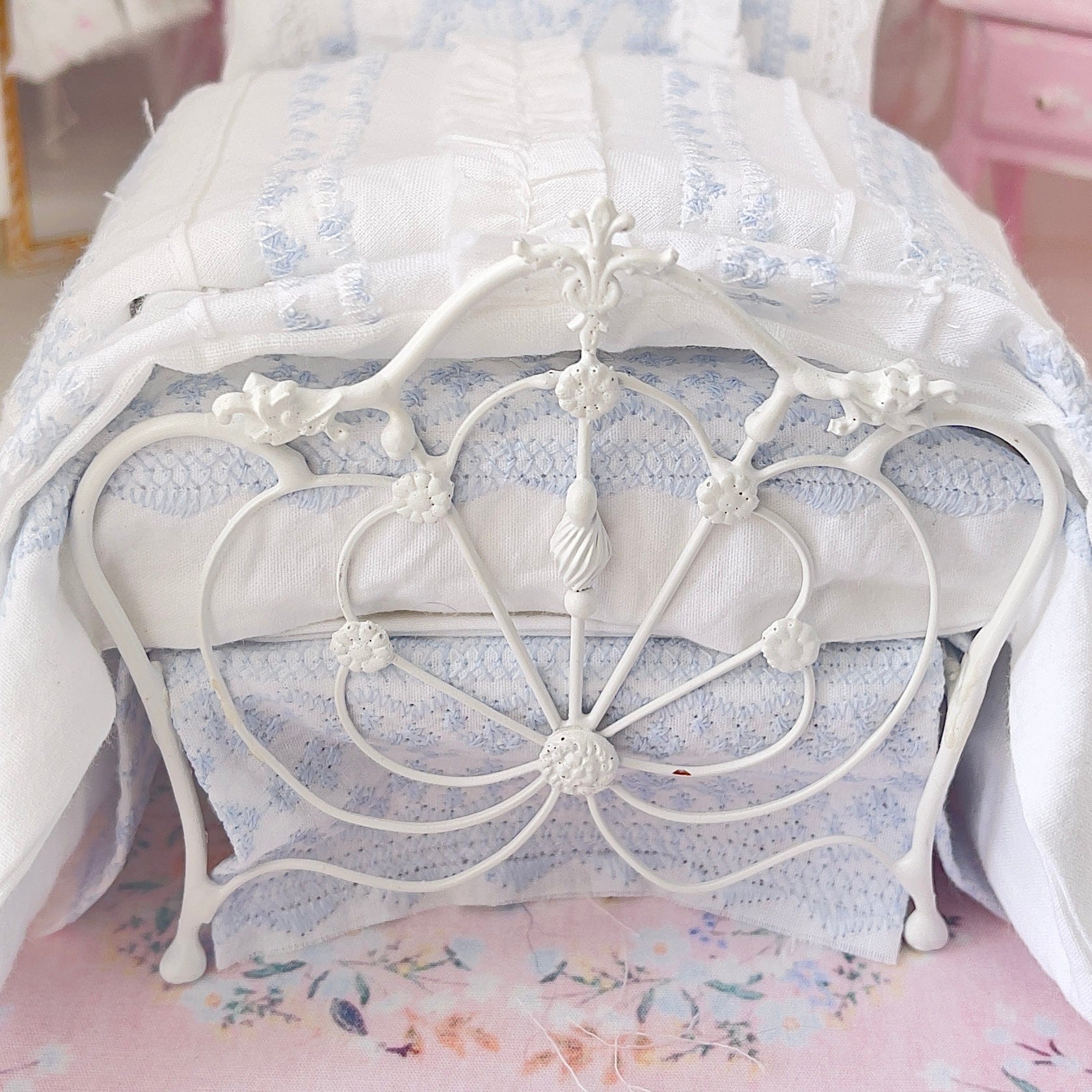 Chantallena Doll House Six whispering petals bed 1:12 Scale Dressed Dollhouse Bed - Blue Memories| Chantallena