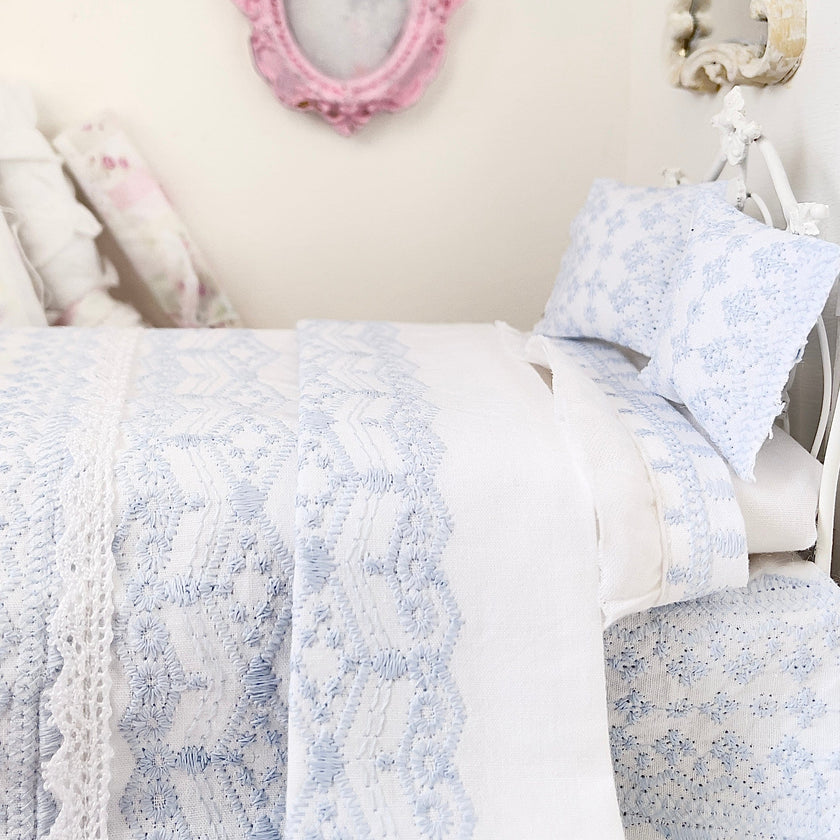 Chantallena Doll House Six whispering petals bed 1:12 Scale Dressed Dollhouse Bed - Blue Memories| Chantallena