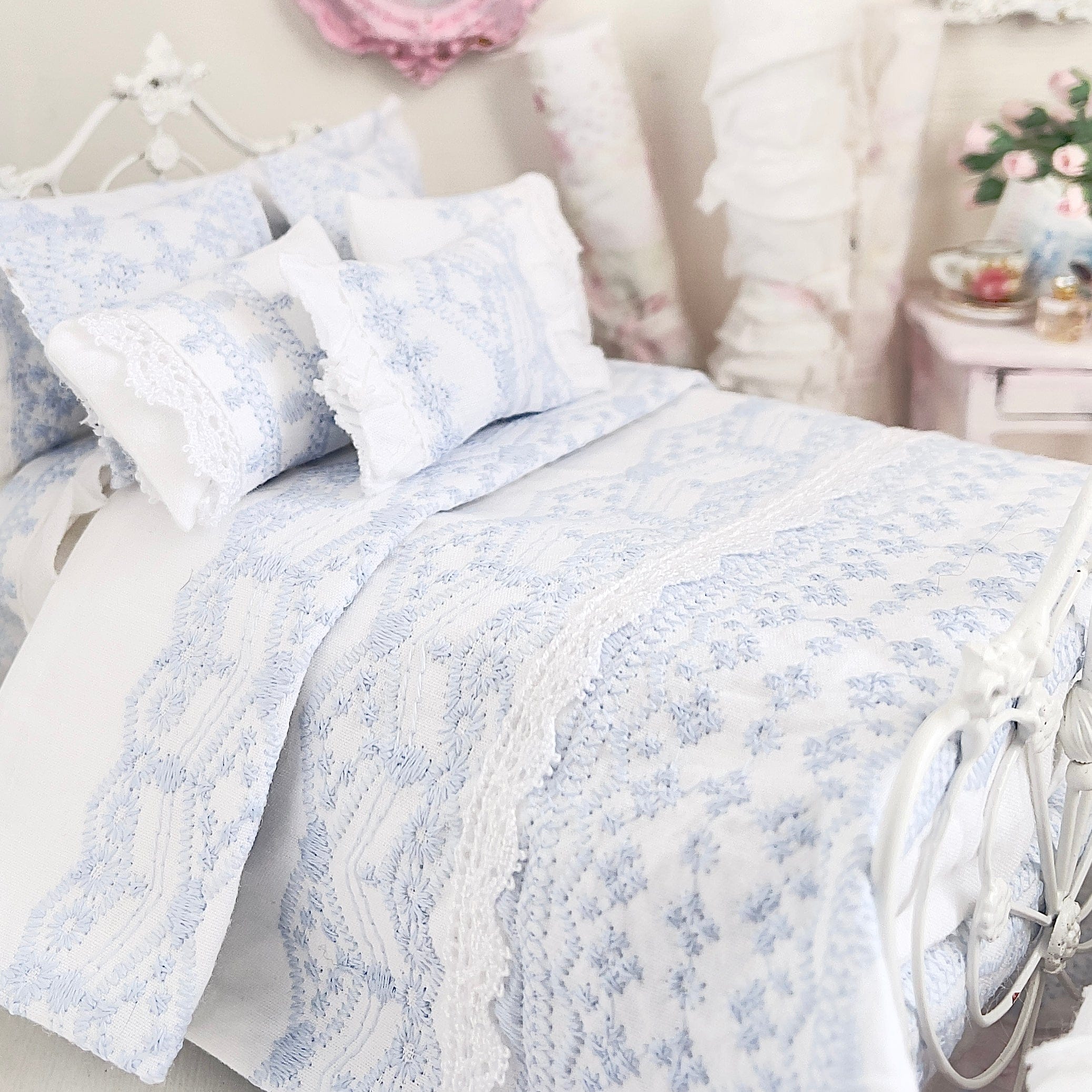 Chantallena Doll House Six whispering petals bed 1:12 Scale Dressed Dollhouse Bed - Blue Memories| Chantallena