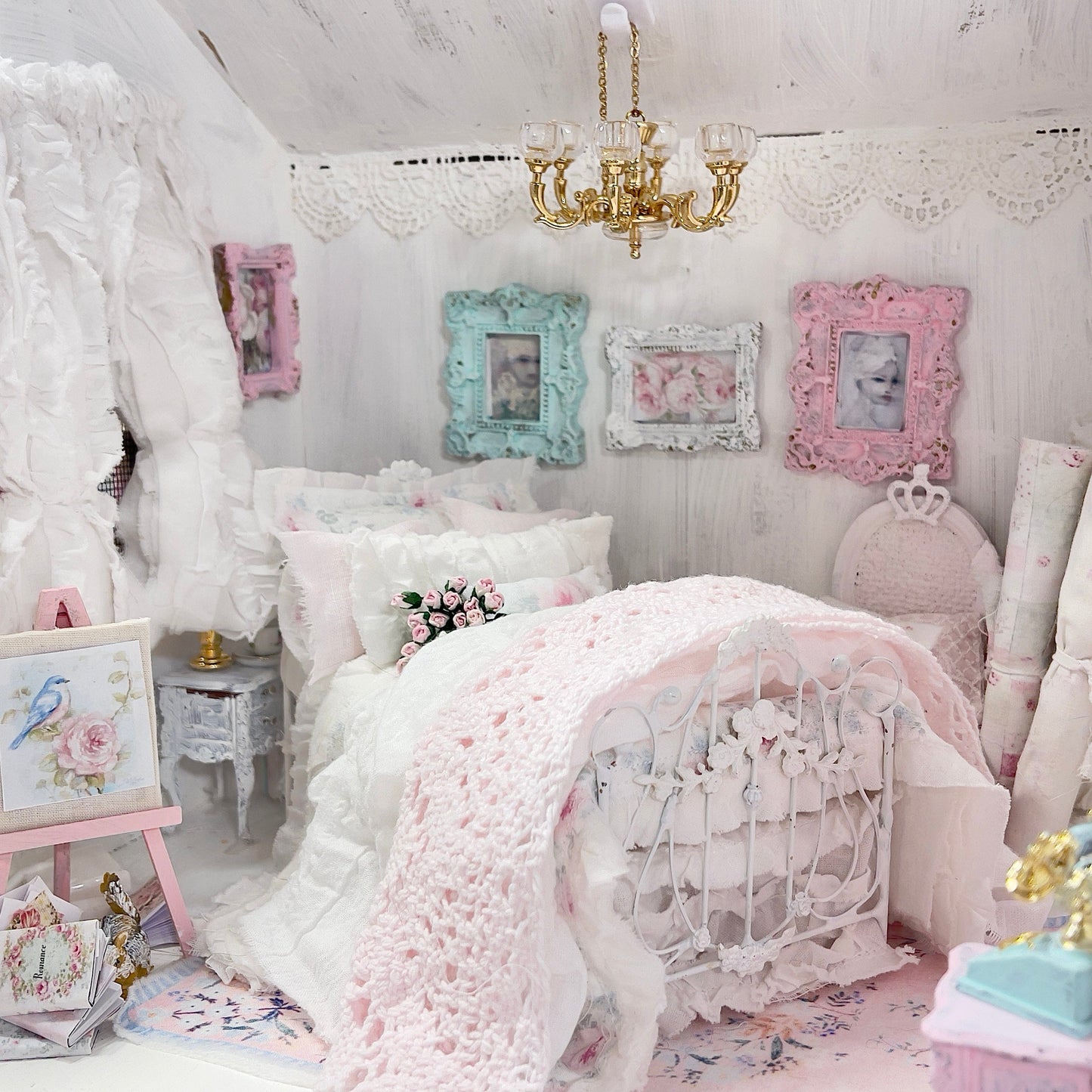 Chantallena Doll House Six whispering petals bed 1:12 Scale Dressed Dollhouse Bed - Morning Roses | Chantallena