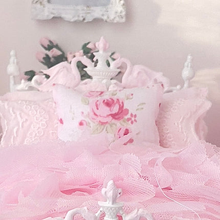 Chantallena Doll House Six whispering petals bed 1:12 Scale Dressed Dollhouse Bed - Pink Plié | Chantallena