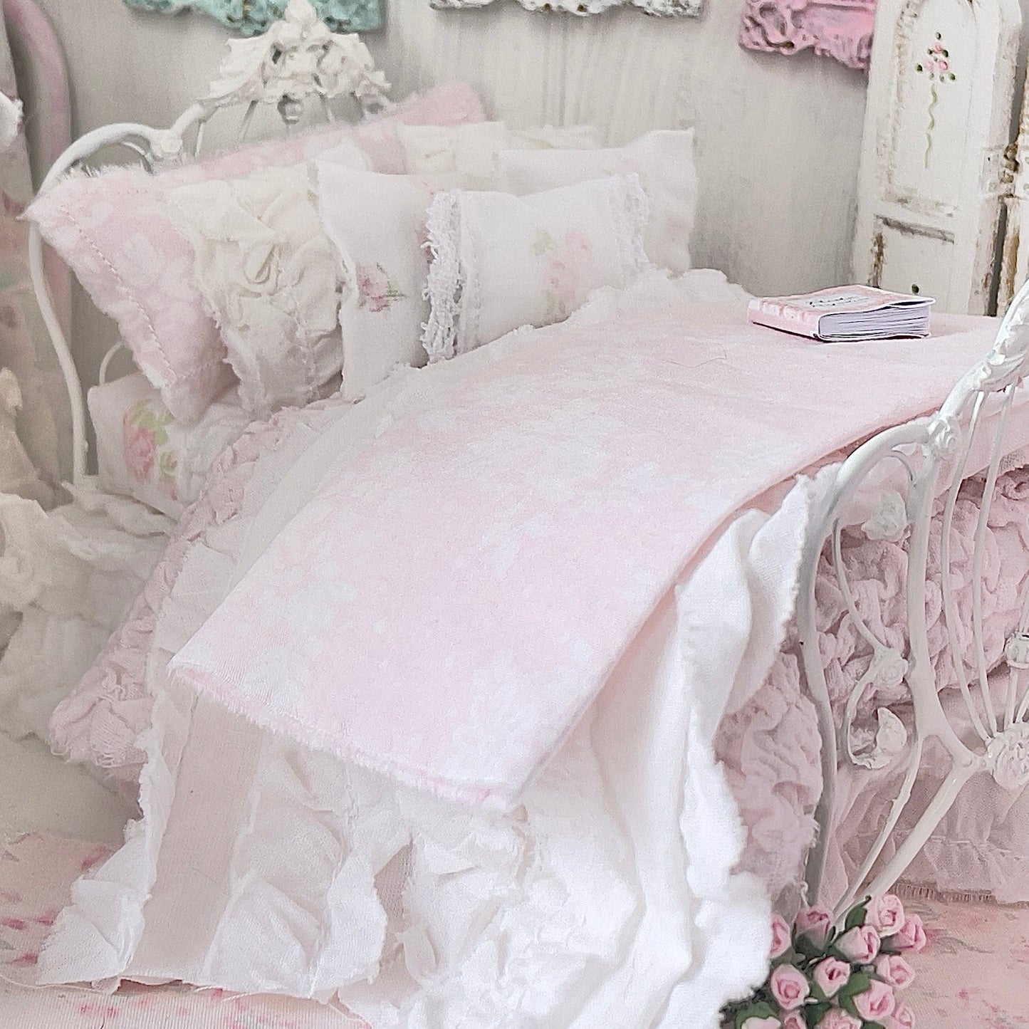 Chantallena Doll House Six whispering petals bed 1:12 Scale Dressed Dollhouse Bed - The Quiet Rose | Chantallena