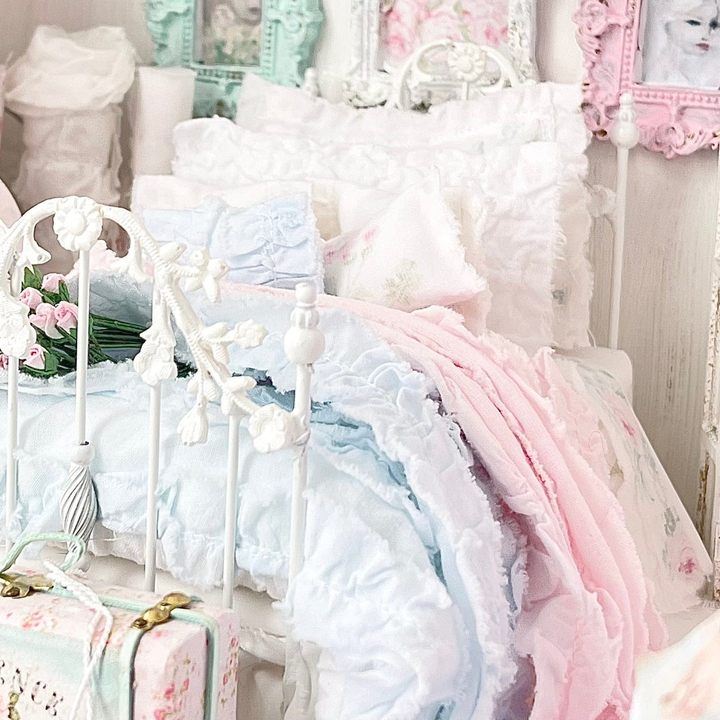 Chantallena Doll House Six whispering petals bed 1:12 Scale Dressed Dollhouse Bed - The Ruffled Rose | Chantallena