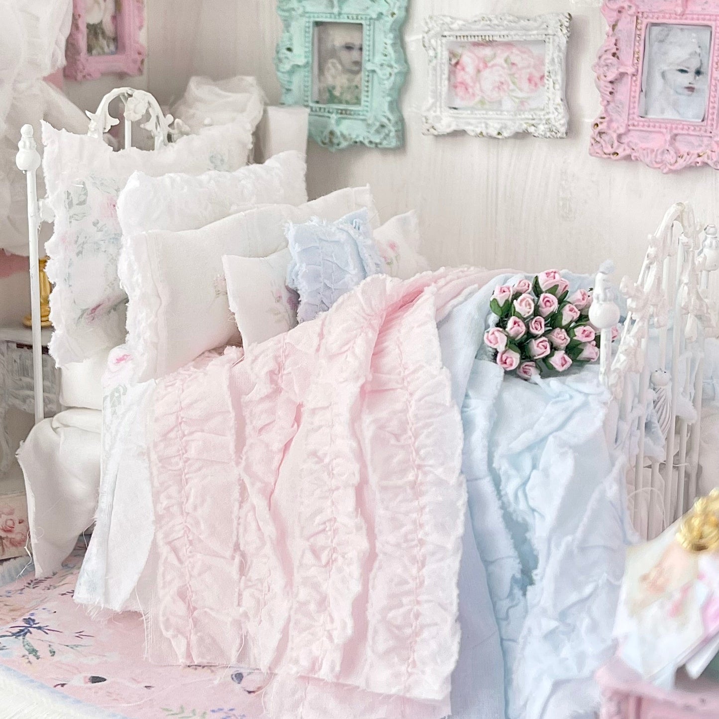 Chantallena Doll House Six whispering petals bed 1:12 Scale Dressed Dollhouse Bed - The Ruffled Rose | Chantallena