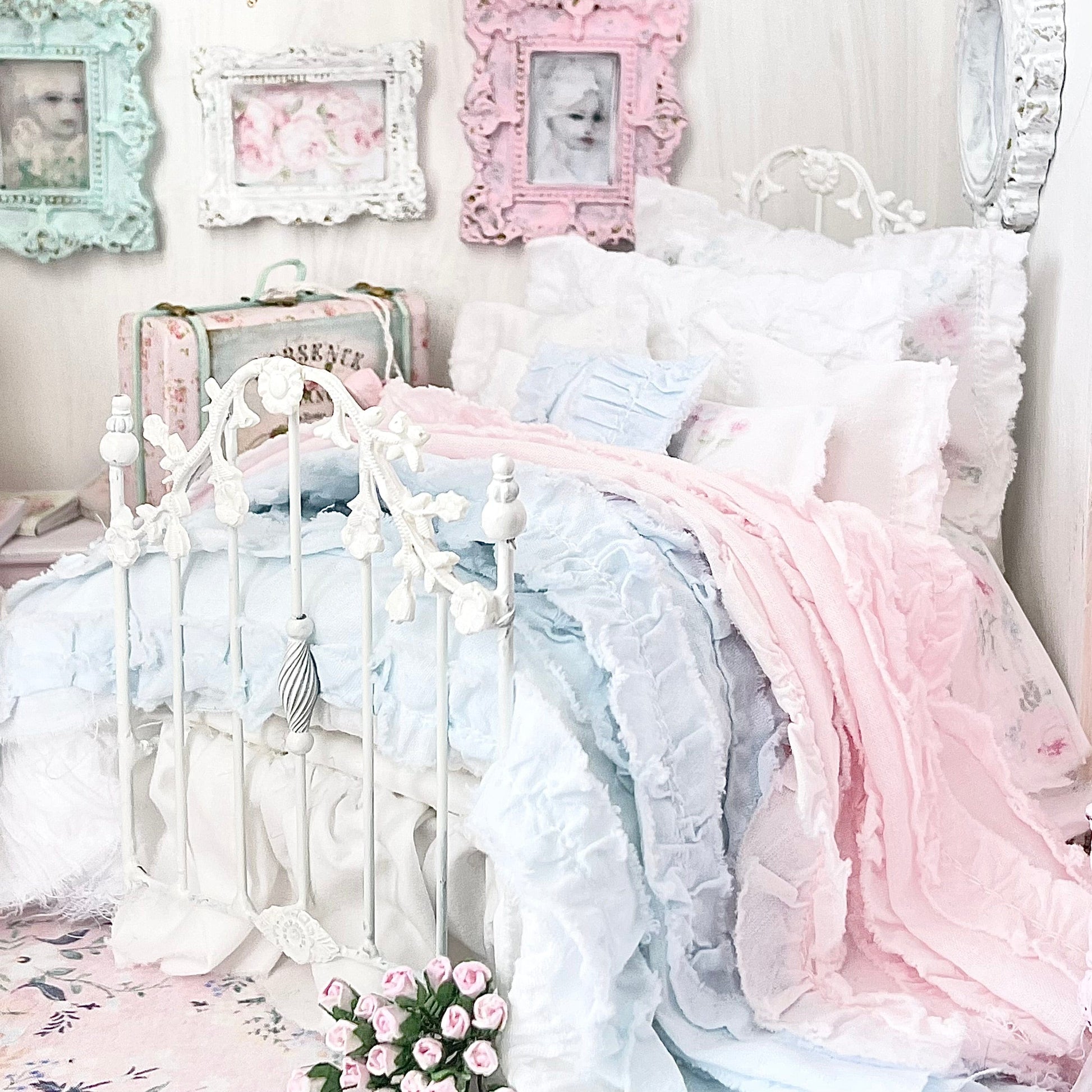 Chantallena Doll House Six whispering petals bed 1:12 Scale Dressed Dollhouse Bed - The Ruffled Rose | Chantallena