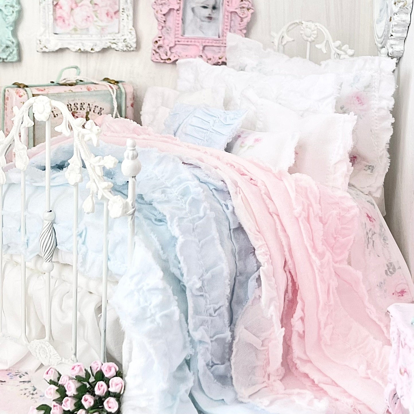 Chantallena Doll House Six whispering petals bed 1:12 Scale Dressed Dollhouse Bed - The Ruffled Rose | Chantallena