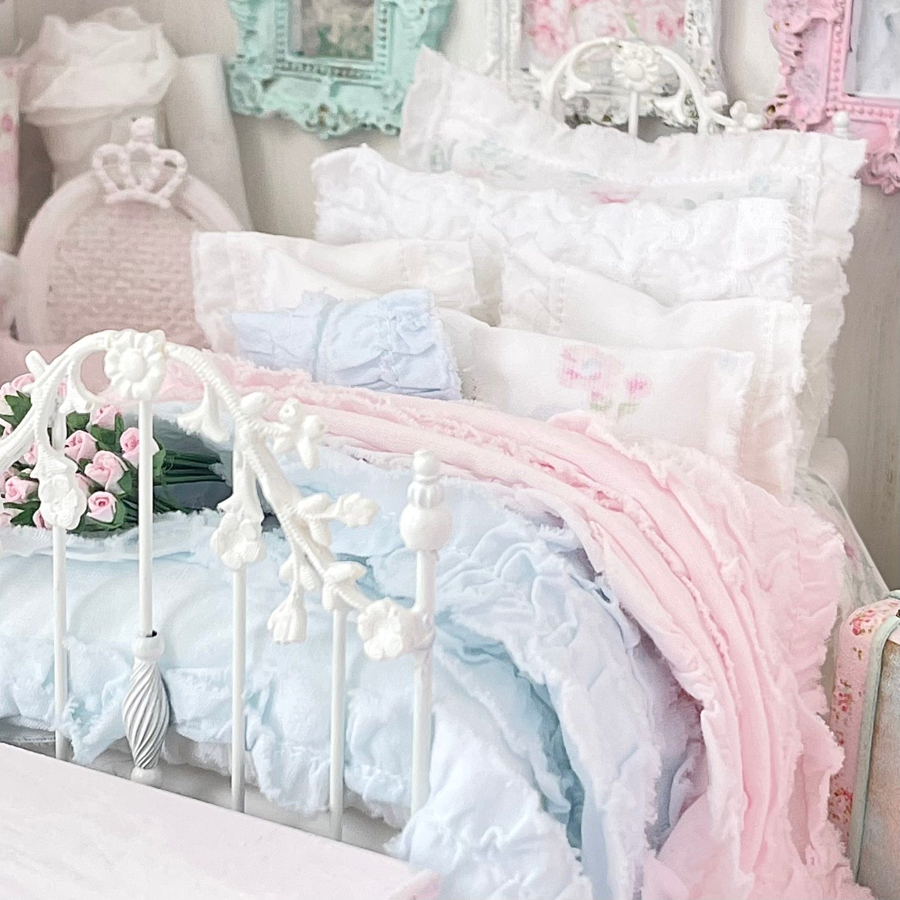 Chantallena Doll House Six whispering petals bed 1:12 Scale Dressed Dollhouse Bed - The Ruffled Rose | Chantallena